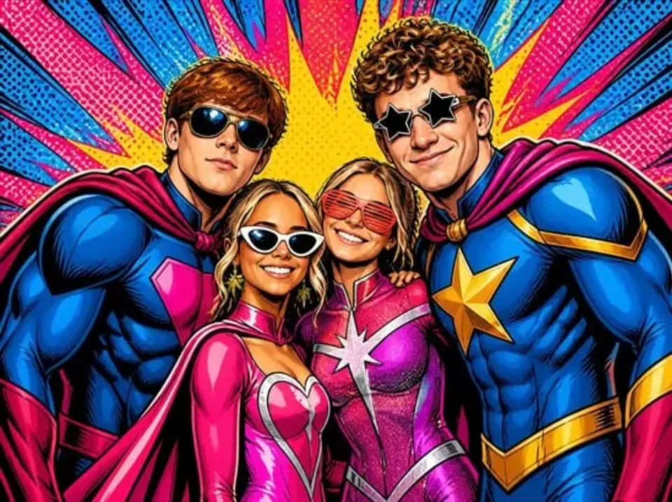 Friends at a party restyled as comic book superheroes by the AI photo booth