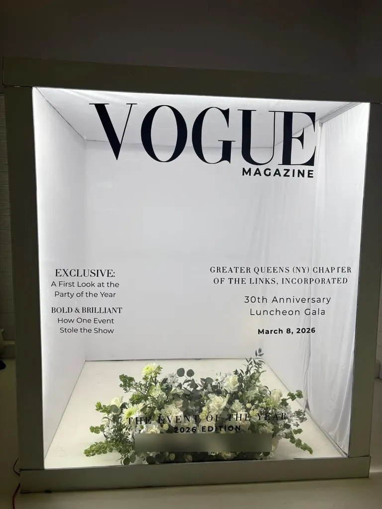 Gala luncheon magazine cover with a flower arrangement