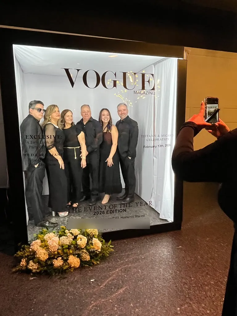 Group of friends in black on a magazine cover
