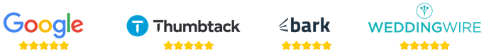 5 star reviews on Google, Thumbtack, Bark and WeddingWire